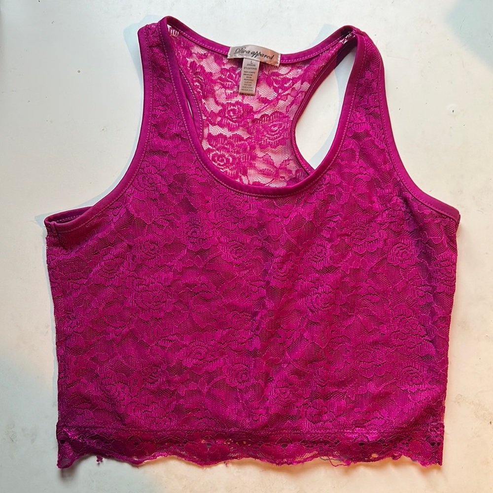 Large, fuchsia lace tank top, open lace on the back, bit of stretch